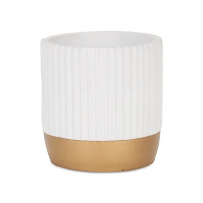 Cheung's Aurone Round Ridged Ceramic Pot with Gold Finished Base - Large - White
