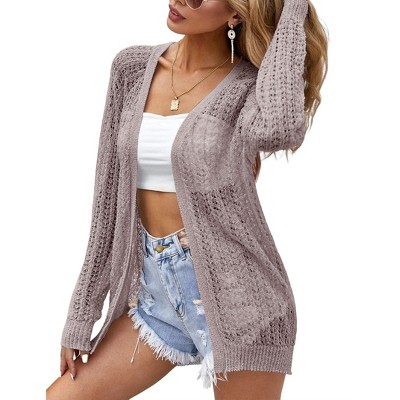 Womens Summer Lightweight Cardigan Long Sleeve Open Front Loose Beach Crochet Cover Up