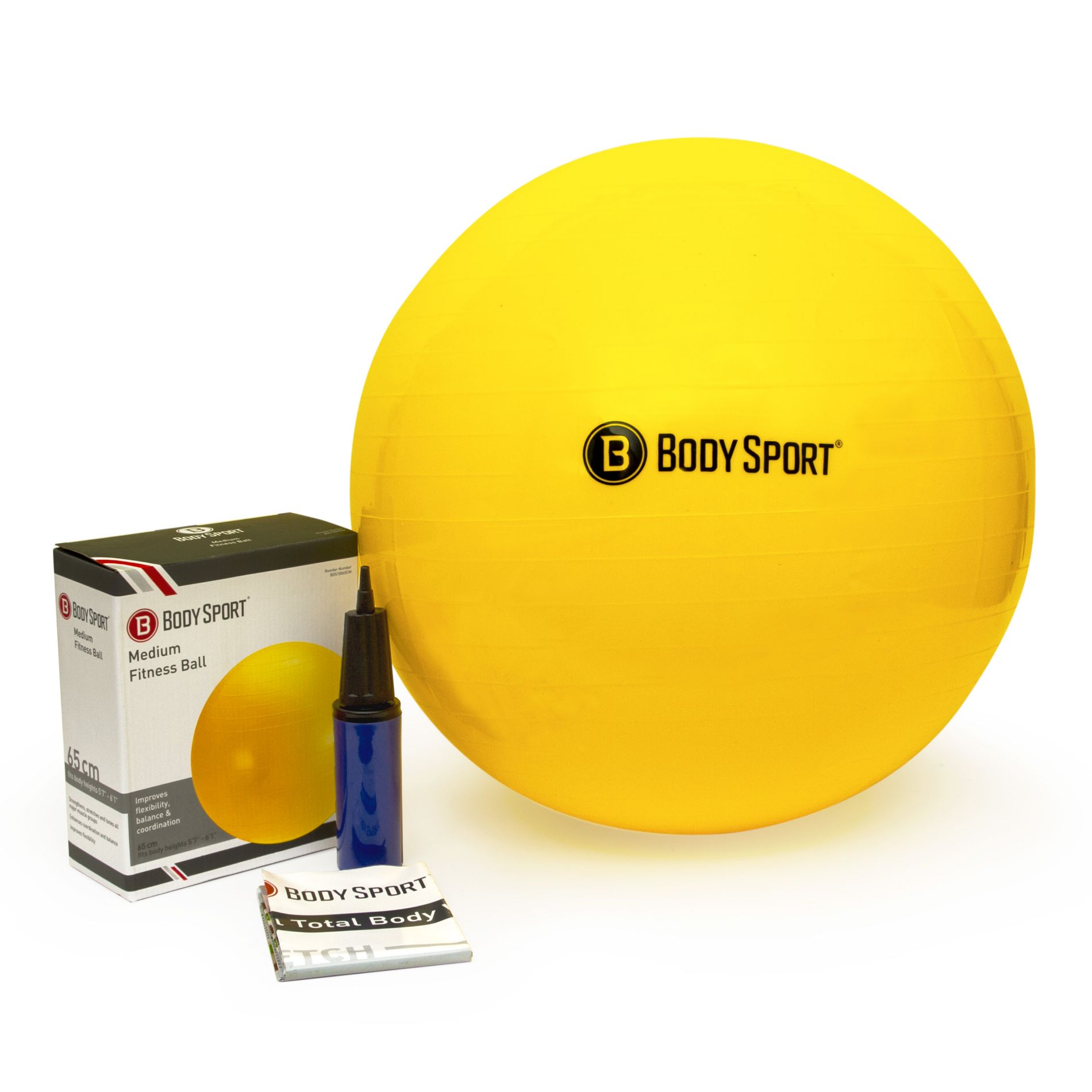 BodySport Standard Exercise Ball with Pump, Exercise Equipment for Home, Office, Gym, and Classroom, 65 cm., Yellow