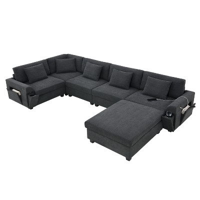 VYNXARIA 128*67" U Shaped Sectional Sofa,6 Seat Chenille Couch Set with Oversized Ottoman,Hidden Armrest Storage and Cup Holders,USB Charging Ports