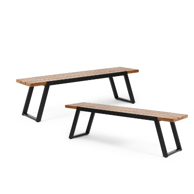 GDFStudio Gebo Outdoor Acacia Wood and Iron Dining Bench (Set of 2)