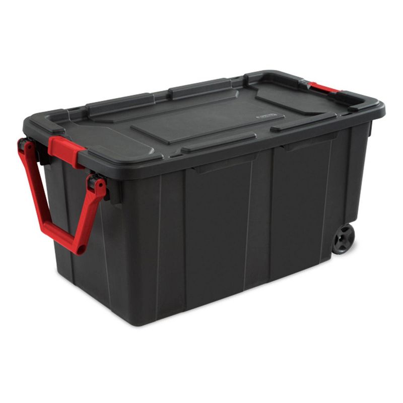 Sterilite 40 Gal Wheeled Industrial Tote, Stackable Storage Bin with Latch Lid, Plastic Container with Heavy Duty Latches, Black Base and Lid, 4-Pack, 2 of 7