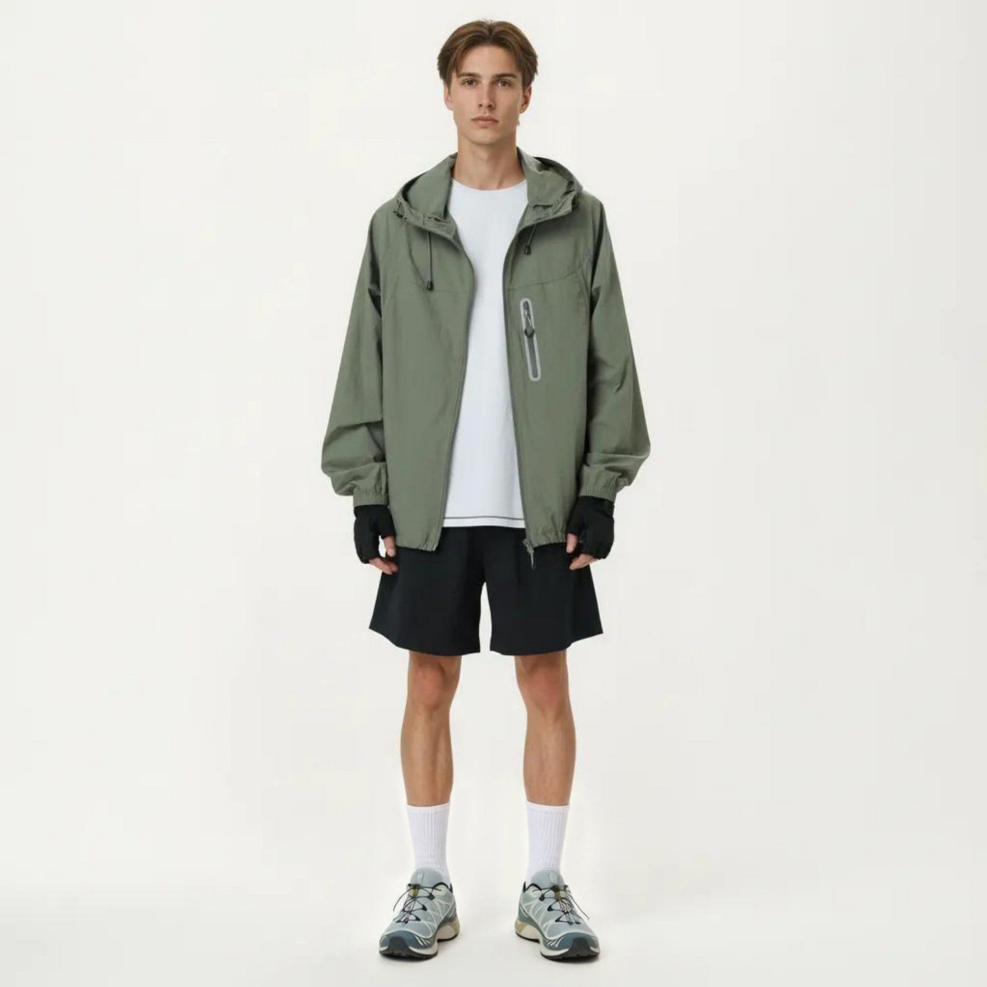 Мужская куртка Alilang Lightweight Windbreaker Jacket with Hood Full Zip Closure Drawstring Detail and Zipper Chest Pocket Design - Large, Olive Green, цвет: Оливковый — фото 2