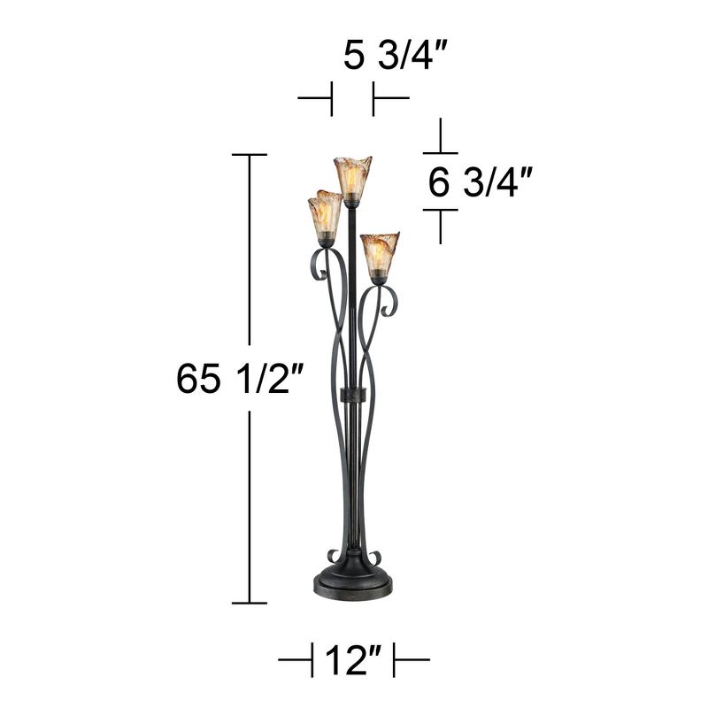 Franklin Iron Works Gardena Rustic Tree Floor Lamp 65 1/2" Tall Powder Coated Black 3 Light Wavy Amber Art Glass Shade for Living Room Reading House, 4 of 10