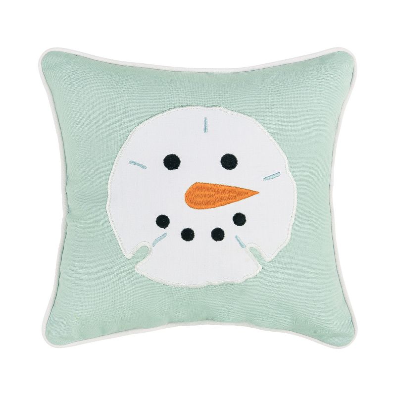 C&F Home 8" x 8" Beach Themed Sand Dollar Shaped Snowman Face on Seafoam Green Background Embroidered Petite Accent Throw Pillow, 1 of 5