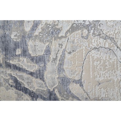 Ivory and Blue Abstract Synthetic Runner Rug