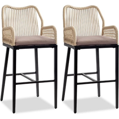 VINGLI Outdoor Bar Stools Set of 2, Heavy-Duty Outdoor Barstools Boho Woven Patio Bar Stools with Backrest, Balcony Pool Bar Chairs with Cushions