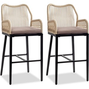 VINGLI Outdoor Bar Stools Set of 2, Heavy-Duty Outdoor Barstools Boho Woven Patio Bar Stools with Backrest, Balcony Pool Bar Chairs with Cushions - 1 of 4