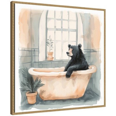 Kate & Laurel All Things Decor 30"x30" Sylvie Black Bear Bathroom Watercolor 2 Framed Canvas by The Creative Bunch Beaded Natural