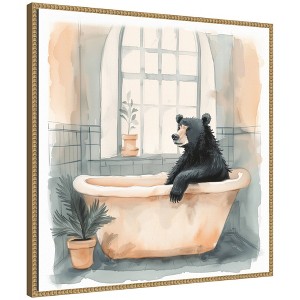 Kate & Laurel All Things Decor 30"x30" Sylvie Black Bear Bathroom Watercolor 2 Framed Canvas by The Creative Bunch Beaded Natural - 1 of 4