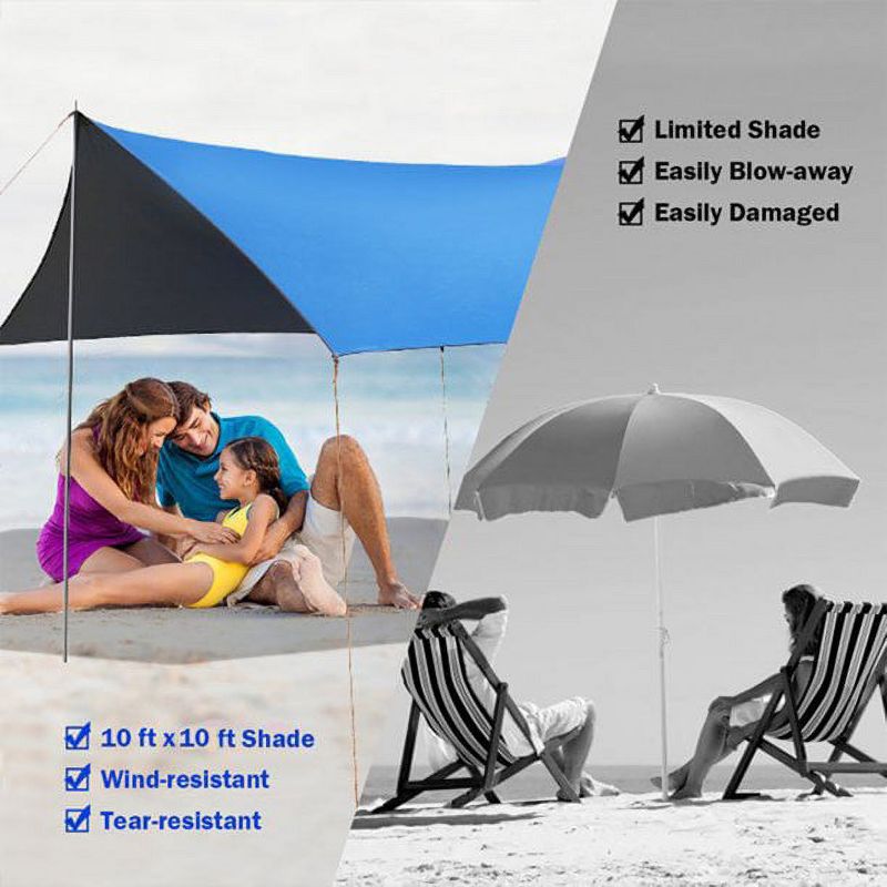 SKONYON Family Beach Tent Canopy with 6 Poles Sandbag Anchors 10x10 Portable Sun Shelter for Stability UPF50+ Blue, 1 of 9