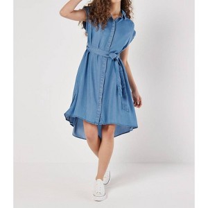 Women's Denim Turn Up High Low Shirt Dress - APRICOT - 1 of 4