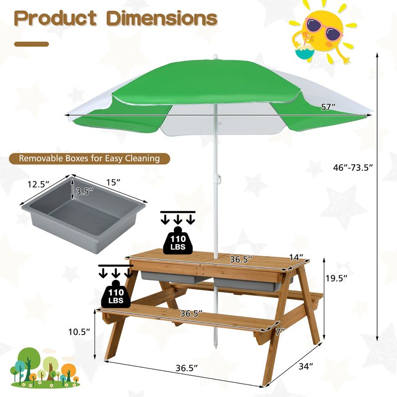 Costway 3-in-1 Kids Picnic Table Wooden Outdoor Sand & Water Table with Umbrella Play Boxes Natural/Blue/Green, 3 of 11