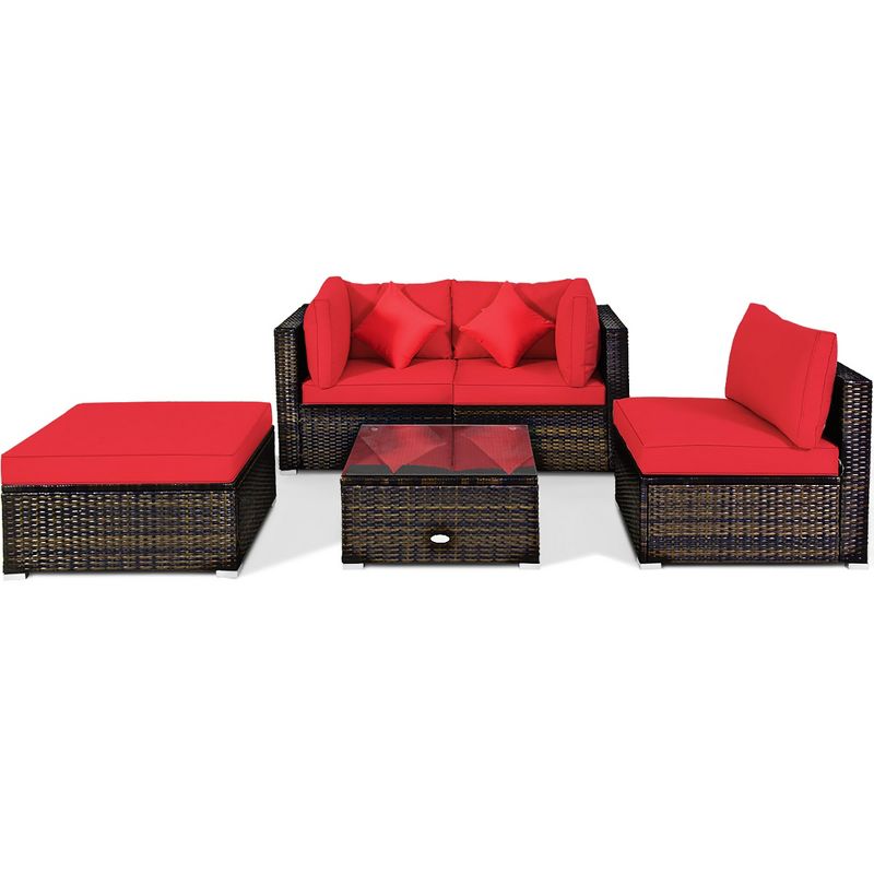 Costway 5PCS Outdoor Patio Rattan Furniture Set Sectional Conversation W/Red Cushions, 2 of 9