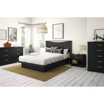 Pure Black Queen Platform Bed with Upholstered Headboard and Storage Drawers