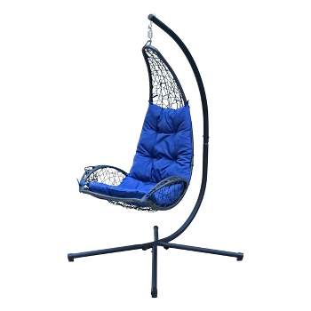 Cushioned Rattan Wicker Hanging Chair with Stand - Blue - Algoma