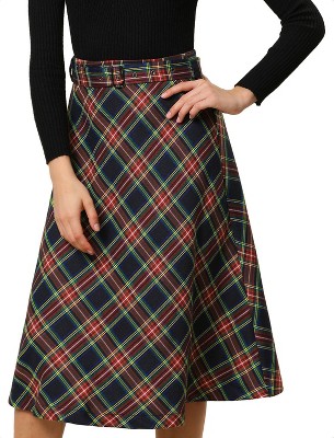 INSPIRE CHIC Women's Tartan Plaid High Waist Belted Vintage A-Line Midi Skirt
