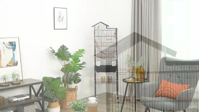 Black Wrought Iron Roof Top Birdcage with Rolling Stand