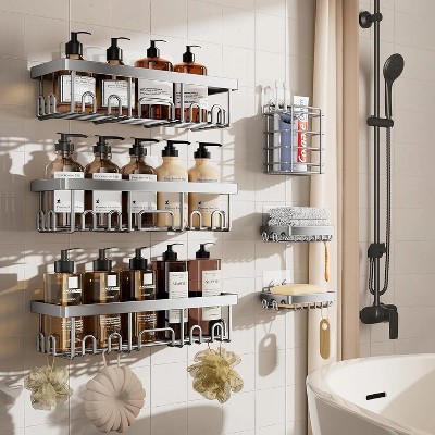 LunaLulinlk Adhesive Shower Shelves 6-Pack, Large Bathroom Organization and Storage, No Drilling Wall-Mounted Baskets, Silver