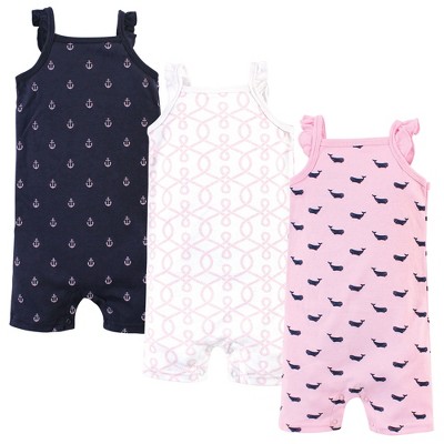 Image of Hudson Baby Infant Girl Cotton Rompers 3pk, Pink Whale, 0-3 Months