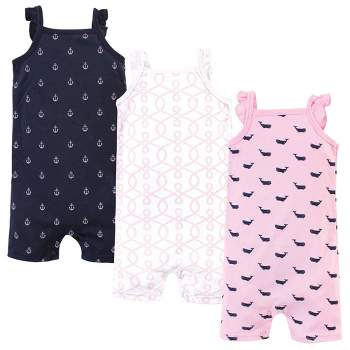 Hudson Baby Infant Girl Cotton Rompers 3pk, Pink Whale