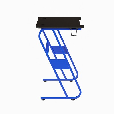 Sleek Blue and Black Ergonomic Gaming Desk with Cup Holder and Headphone Hook
