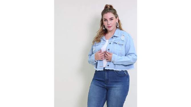 Agnes Orinda Women's Plus Size Washed Ripped Distressed Cropped Frayed Denim Jacket, 2 of 8, play video