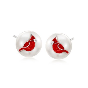 Ross-Simons 8.5-9mm Cultured Pearl and Red Enamel Cardinal Stud Earrings in Sterling Silver - 1 of 3
