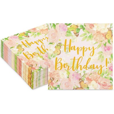 Sparkle and Bash 50 Pack Pink Floral Happy Birthday Cocktail Napkins, Gold Foil (5 x 5 In)