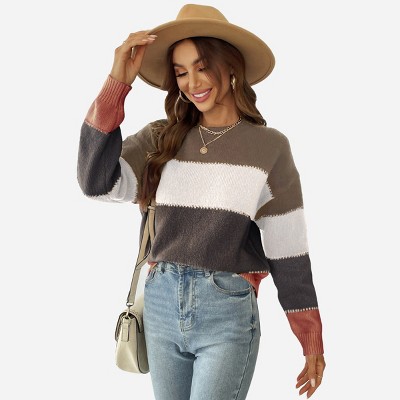 Women's Long Sleeve Colorblock Knit Round Neck Sweater-Cupshe