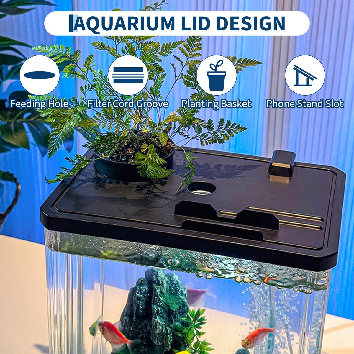 2.5 Gallon Small Fish Tank Kit, Betta Fish Tank with LED Light, Air Pump, Lid, Hydroponic Cup, 7 Pcs Plastic Fish Tank Starter Kits for Beta Fish, Go - thumbnail 4