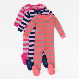 Leveret Girls Cotton Baby Footed Pajamas – 3 Pack – Classic Girl Stripes Sleepers - 1 of 4