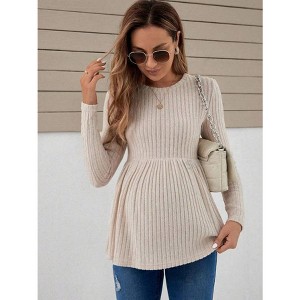 Clearlove Women's Long Sleeve Maternity T-Shirt Solid Color Stretchy Pregnancy Top Soft Round Neck Bump Everyday Shirt - 1 of 4