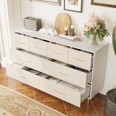 Modern White Chest of Drawers, 8 Drawer Dresser with Gold Handles and Legs, Wooden Nightstand with Linen-Textured Surface