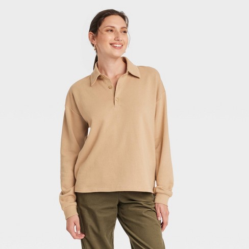 Women s Long Sleeve Polo Shirt Universal Thread Tan XL