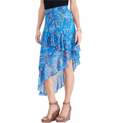 I.N.C International Concepts Womens Ruffled Floral Asymmetrical Skirt, Blue, 12