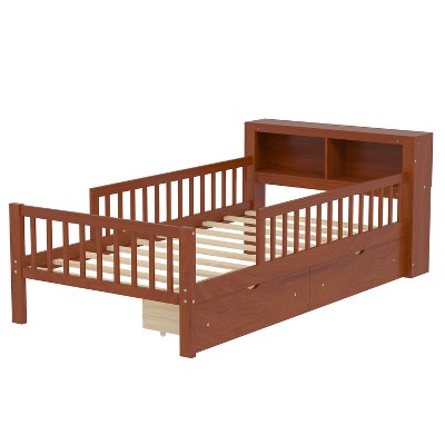 TIRAMISUBEST 84.6in Twin Size Wood Platform Bed with Guardrails Kids Bed Children's Bed Frame Brown