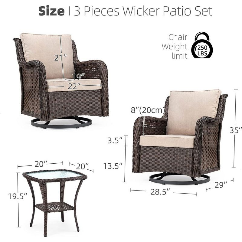 Whizmax Swivel Rocker Patio Chairs Set of 2 and Matching Side Table - 3 Piece Wicker Patio Bistro Set with Premium Fabric Cushions Outdoor Furniture, 4 of 9