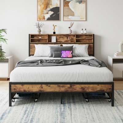 Metal Bed Frame With Storage Headboard,Platform Bed Frame With Charging Station,Sturdy Metal Slats Support,Noise Free