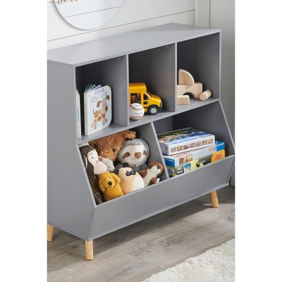 Gray Wooden 5-Bin Kids Toy Storage Organizer with Feet