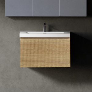 Christopher Knight Home Annabelle Modern Wood Striped Wall-Mounted Bathroom Vanity with Soft-Close Drawer and Quartz Sand Basin - 1 of 4