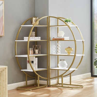 Modern 4-Tier Round Bookshelf with Metal Frame and Shelves,Freestanding Storage Shelf for Home Office or Living Room-Baofuwish
