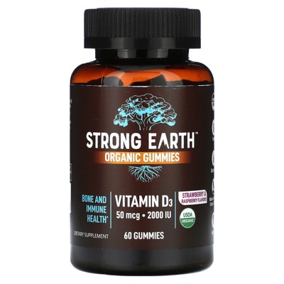 YumVs Strong Earth Organic Gummies, Vitamin D3, Strawberry Raspberry, 60 Gummies (1,000 IU per Gummy)
