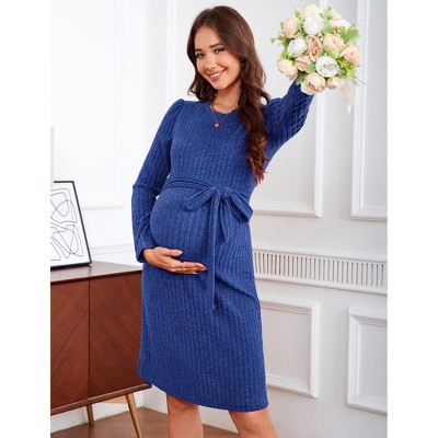Maternity Long Sleeve Sweater Bodycon Boho Midi Dress Fall Casual Crew Neck Mini Dress Baby Shower Photoshoot Belt