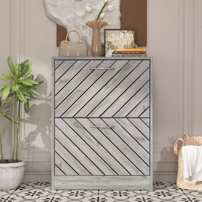 Famapy Gray wood grain 2 Drawer Flip Up Shoe Cabinet Openwork