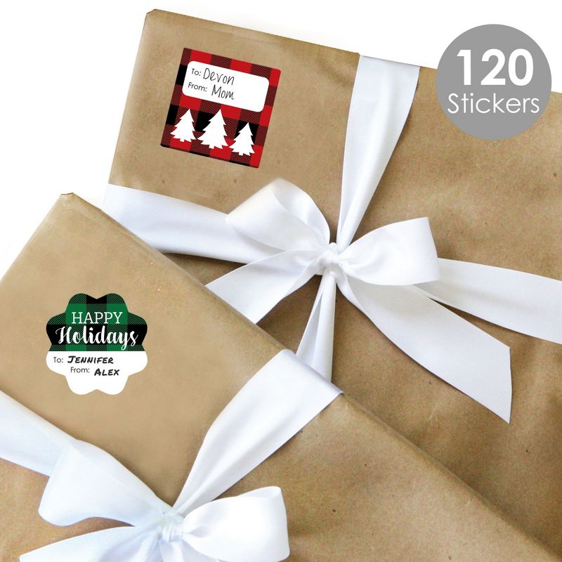 Big Dot of Happiness Holiday Plaid Trees - Assorted Buffalo Plaid Christmas Party Gift Tag Labels - To and From Stickers - 12 Sheets - 120 Stickers, 3 of 10