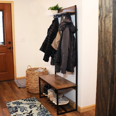 Industrial-Style Hall Tree Bench with Coat/Shoe Rack - Light Brown