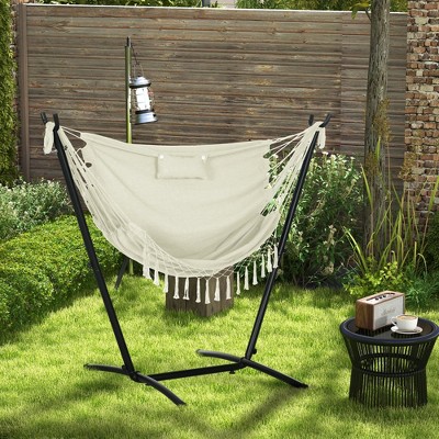 Vynxaria Patio Hammock Chair with Stand, Outdoor Hammock Swing Hanging Lounge Chair with Side Pocket and Headrest, Cream White