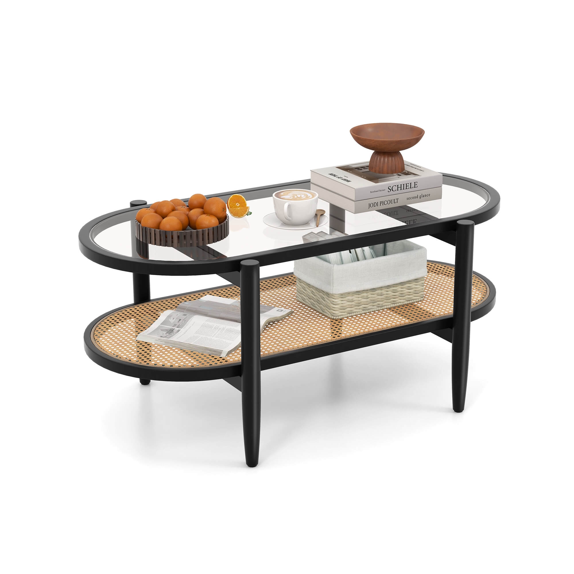 Costway 2-Tier Coffee Table Tempered Glass Top with PE Rattan Shelf & Acacia Wood Frame Black