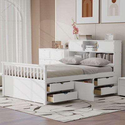 4-Drawer Full Size Wood Storage Bed Frame with Bookcase Headboard and Adjustable Compartments, No Box Spring Needed - Baofuwish